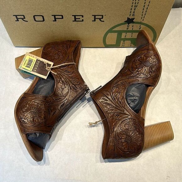 NEW Roper Mika Front Zip Sandals Sz 10 Brown Tooled Leather 3" Heel Open Toe - Picture 4 of 9